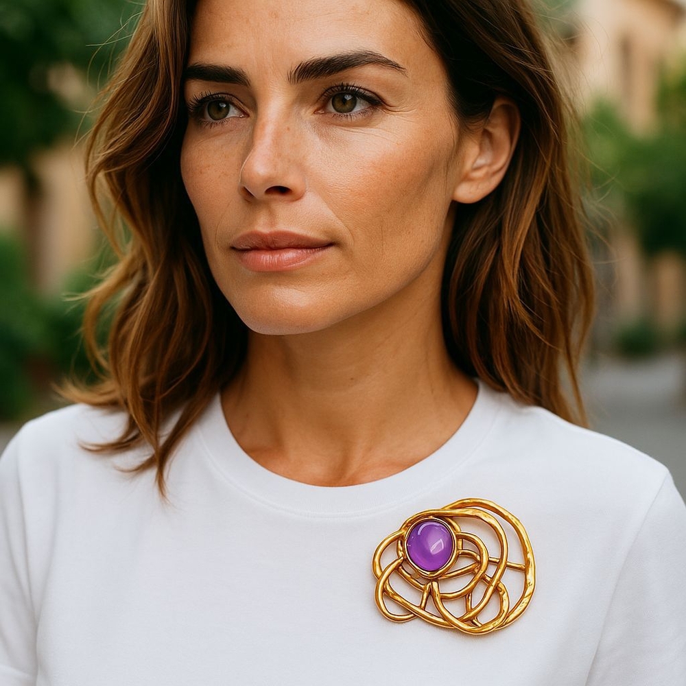 Elegant Goldtone and Purple Brooch3inc